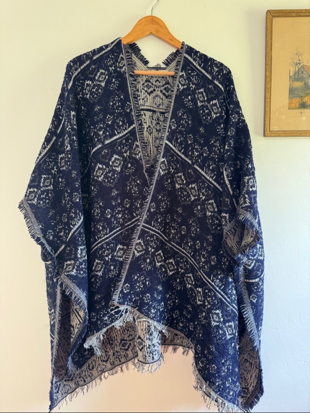 Navy Patterned Fringe Poncho